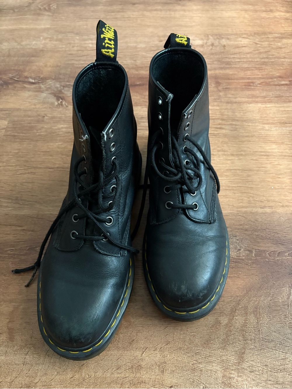 Dr. Martens Black Leather Lace-Up Boots with Yellow Stitching